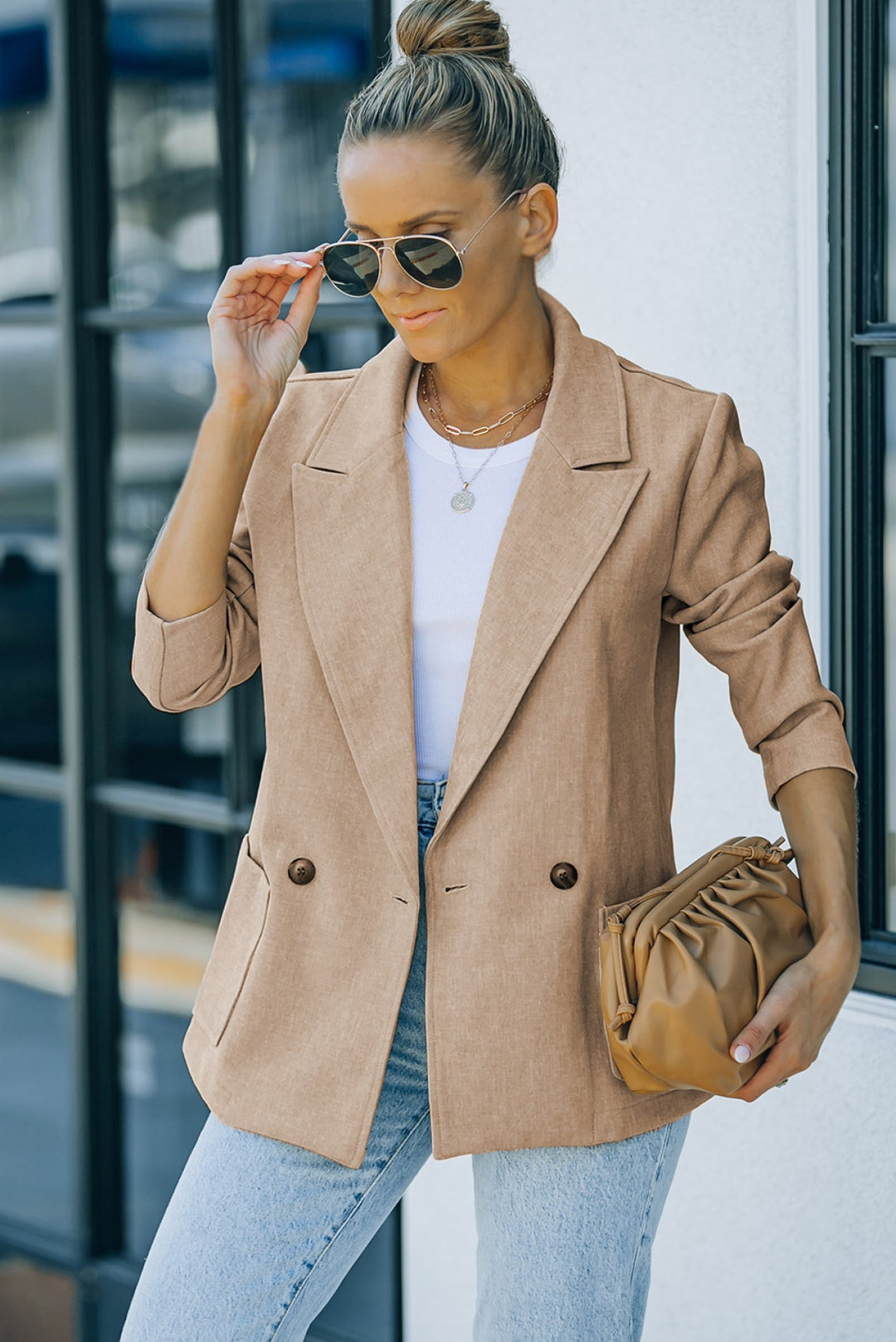 Buttoned Lapel Collar Blazer