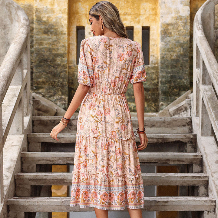 Retro Pink V-Neck Floral Tiered Dress