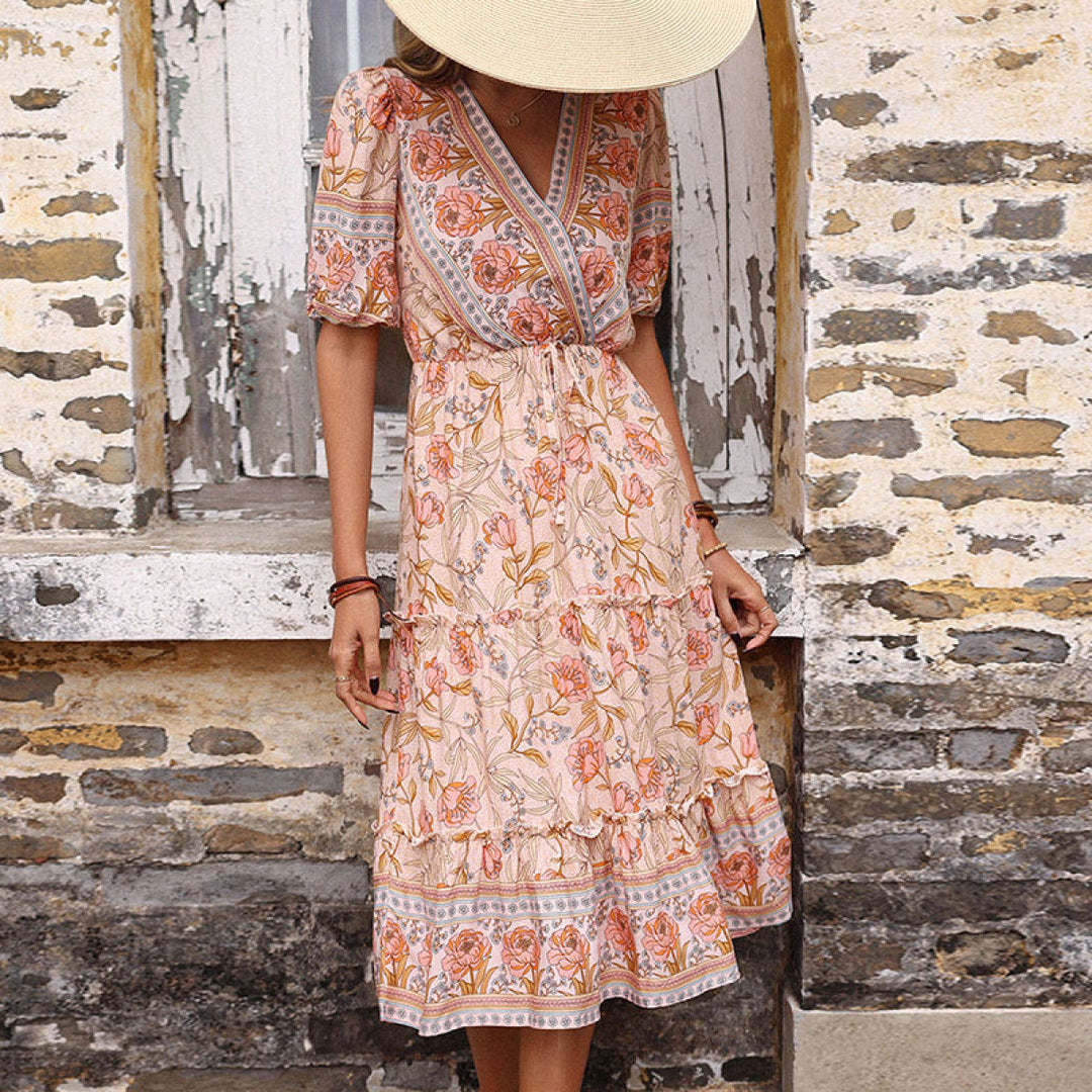 Retro Pink V-Neck Floral Tiered Dress