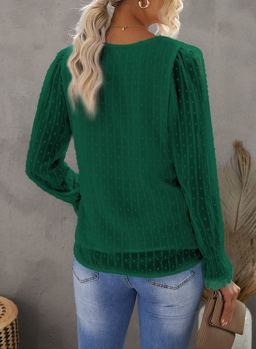 V Neck Puff Sleeve Swiss Dot Blouse