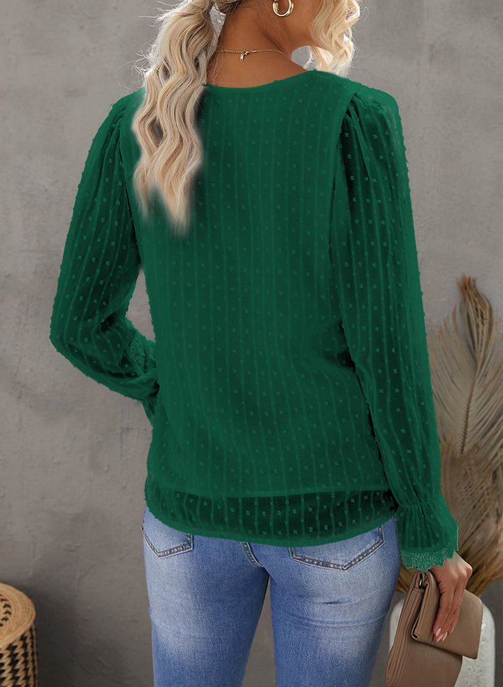 V Neck Puff Sleeve Swiss Dot Blouse