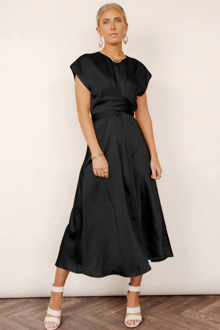 Solid Round Neck Tie Back Midi Dress