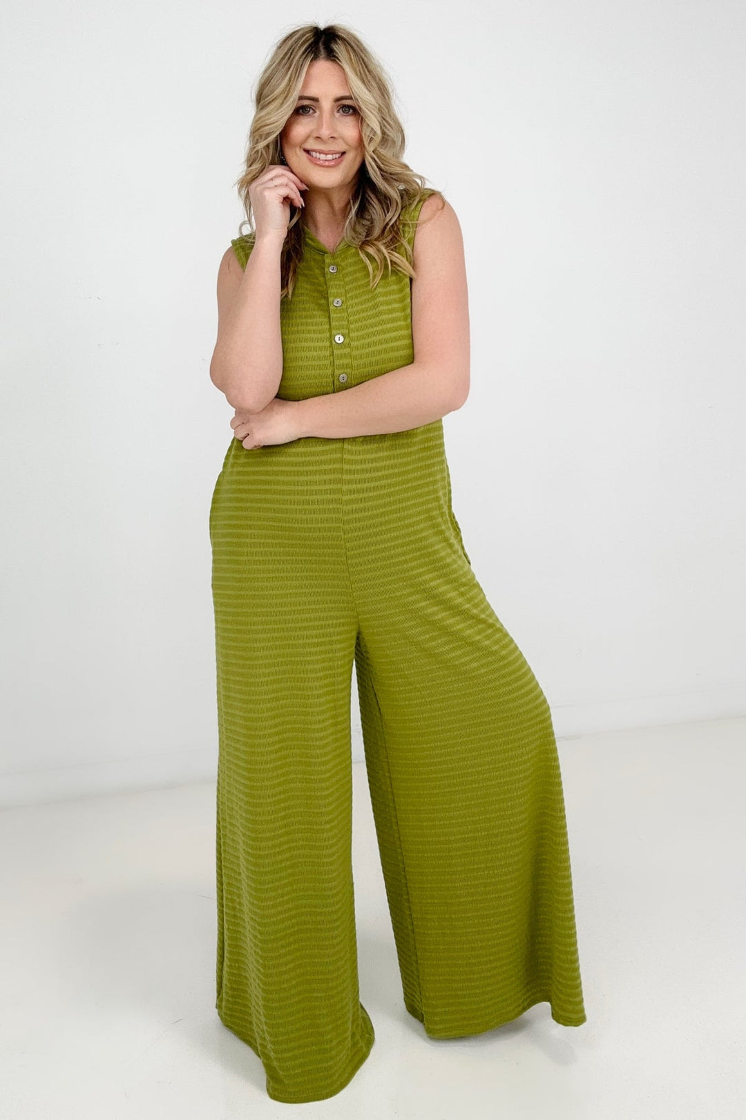 Jade By Jane Button Up Textured Wide Leg Jumpsuit
