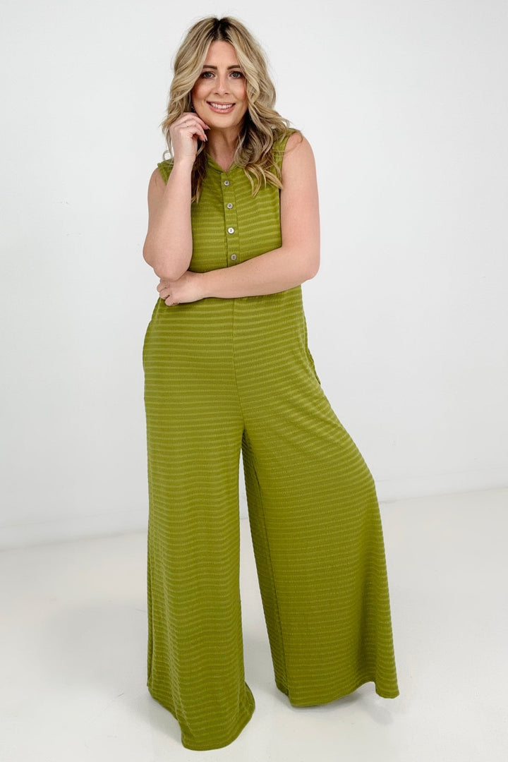 Jade By Jane Button Up Textured Wide Leg Jumpsuit