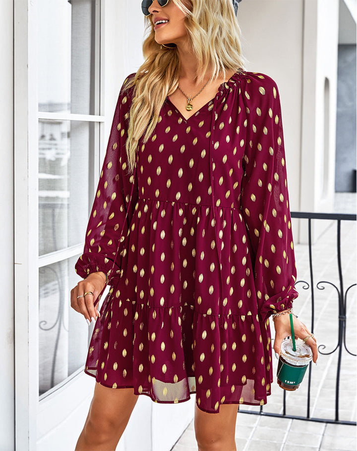 V-Neck Balloon Sleeve Polka Dot Dress - Mini Dress