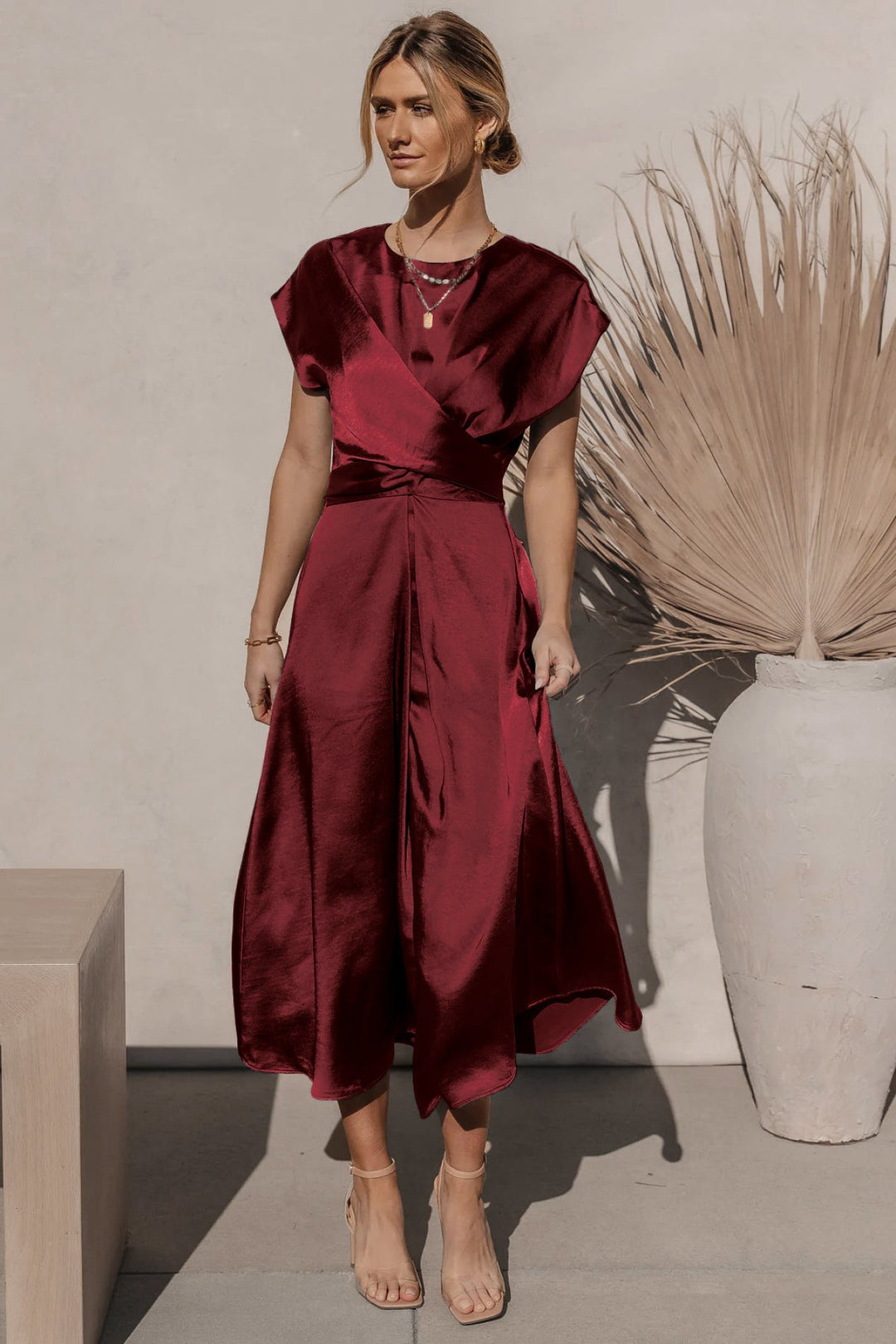 Solid Round Neck Tie Back Midi Dress