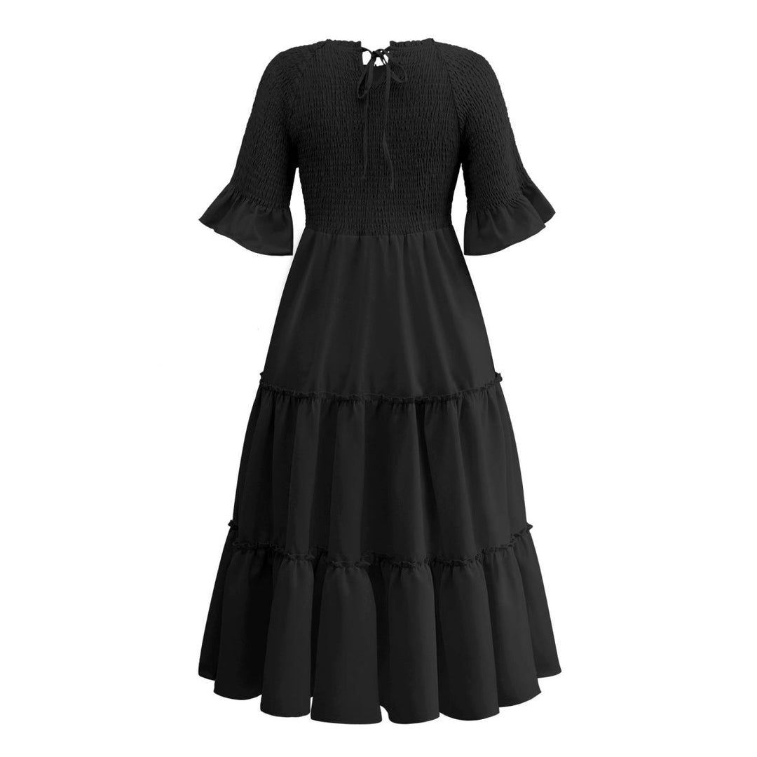 Round Neck Solid Color Smocked A-line Tiered-layered Dress