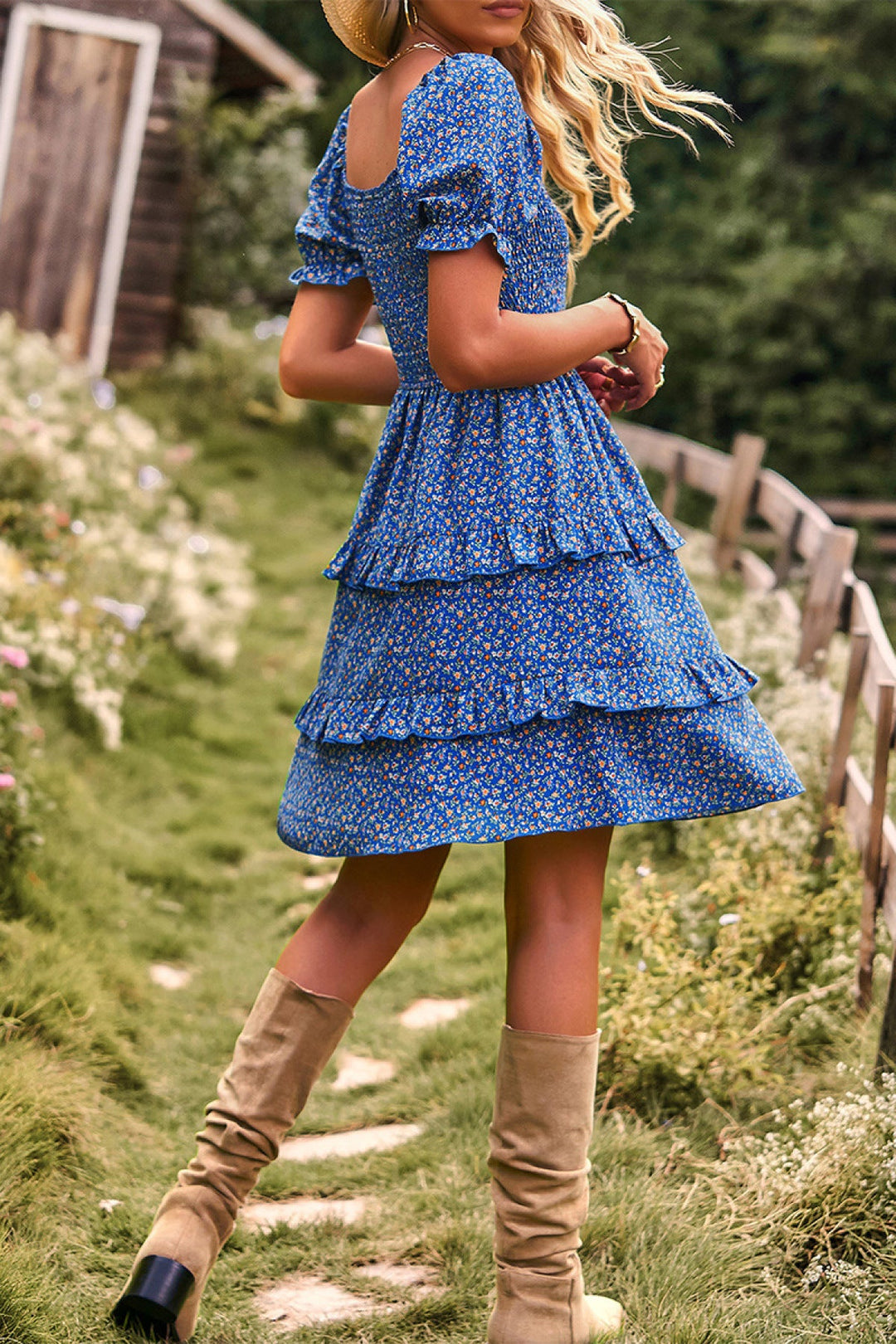 Floral Off-the-shoulder Puff Sleeve Tiered Dress