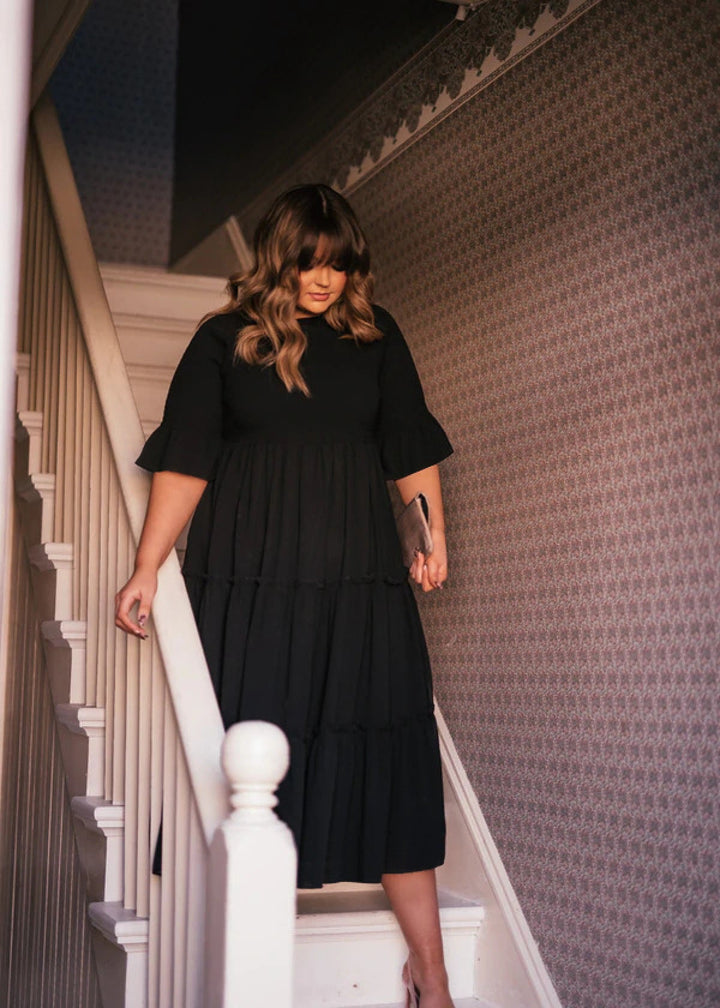 Round Neck Solid Color Smocked A-line Tiered-layered Dress