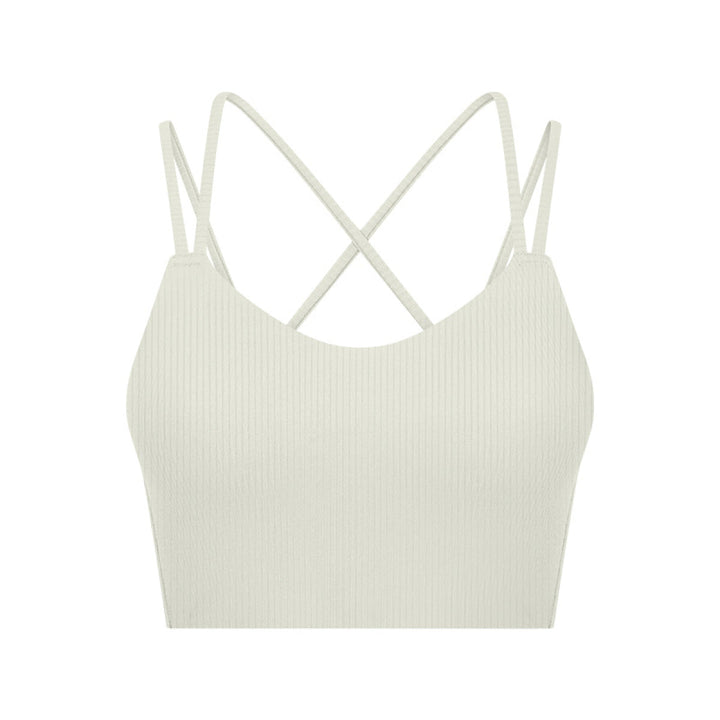 Solid Ribbed Double Shoulder Straps Crisscross Sports Bras