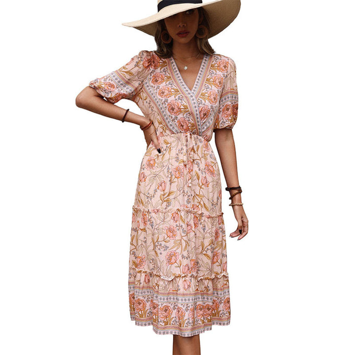 Retro Pink V-Neck Floral Tiered Dress