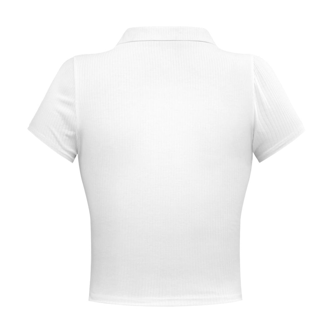 Solid Short Sleeve Buttoned V Neck Crop Top