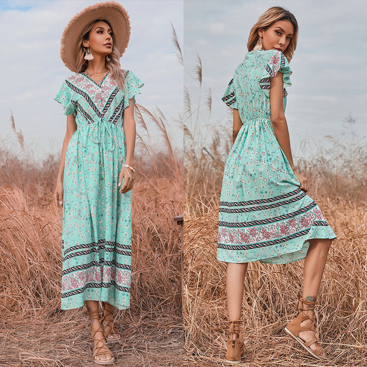 Women's V-Neck Floral Dress With Lace