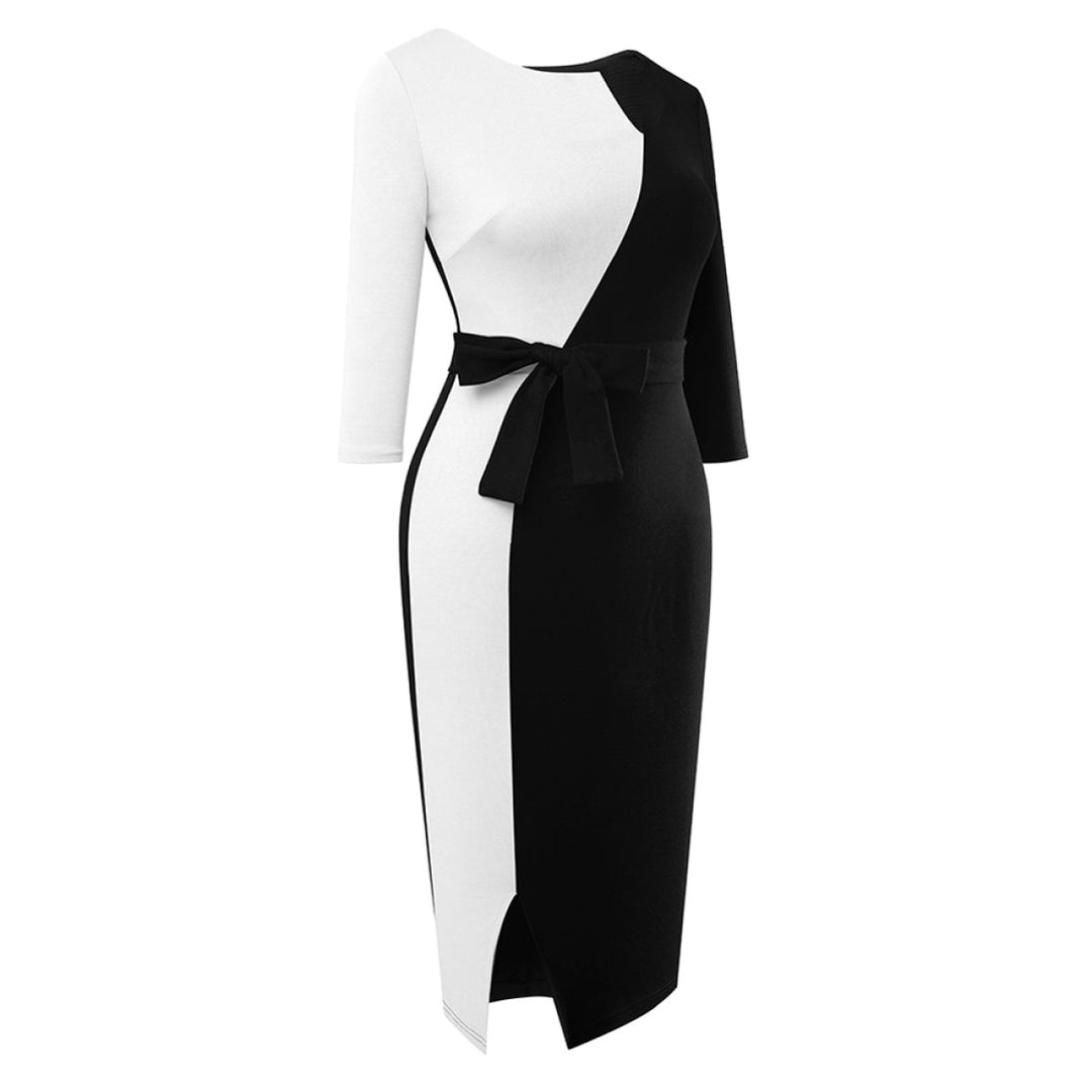 Notched Neck Three-Quarter Sleeve Tie Waist Colorblock Slit Midi Dress