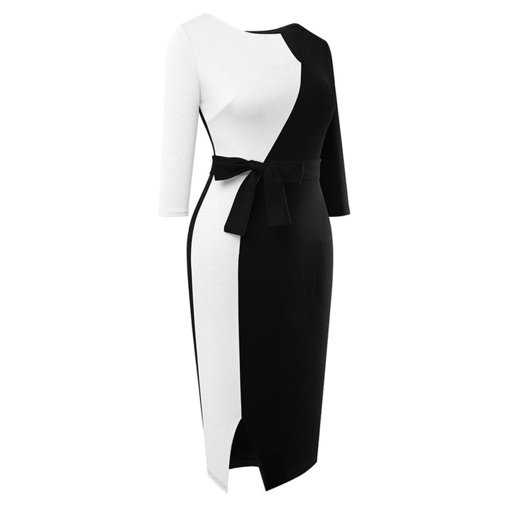 Notched Neck Three-Quarter Sleeve Tie Waist Colorblock Slit Midi Dress
