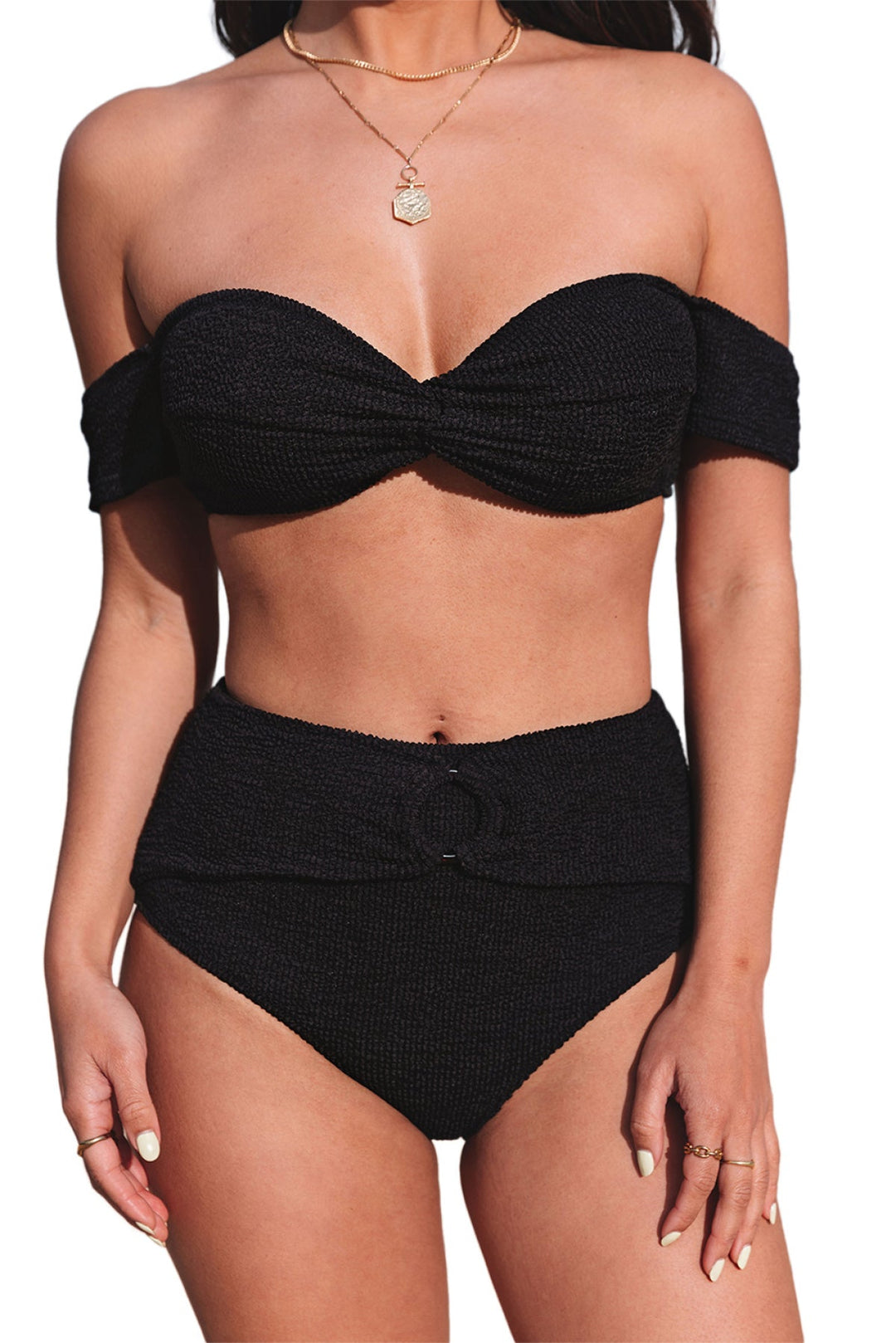 Crinkle Textured Bandeau High Waist Bikini Set
