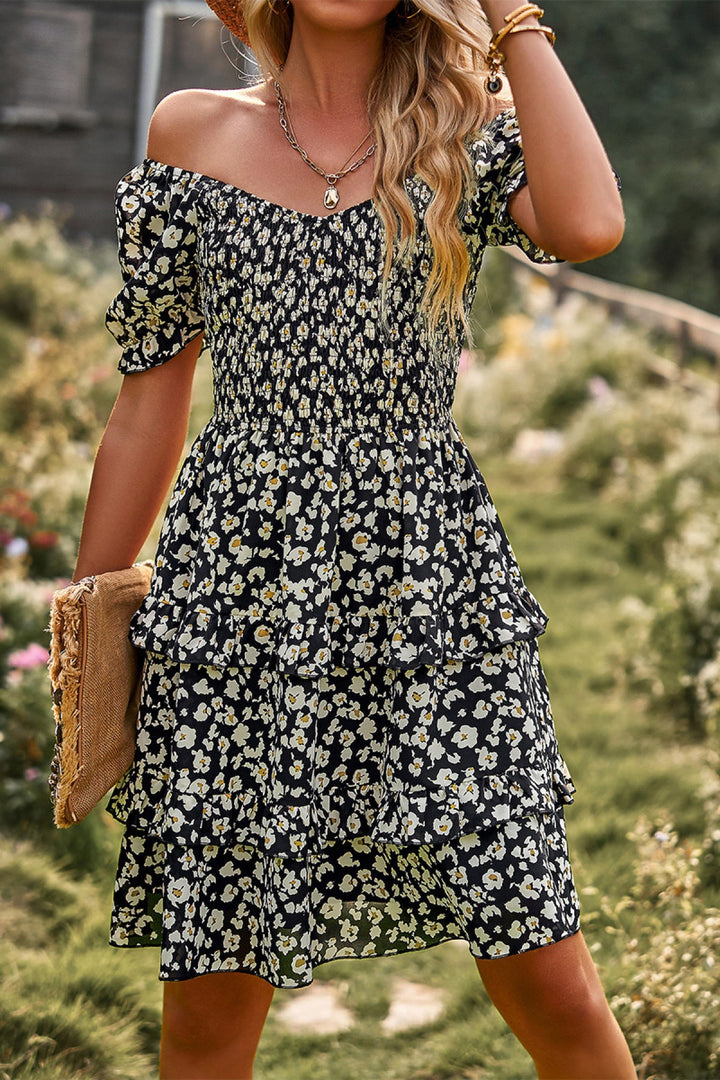 Floral Off-the-shoulder Puff Sleeve Tiered Dress