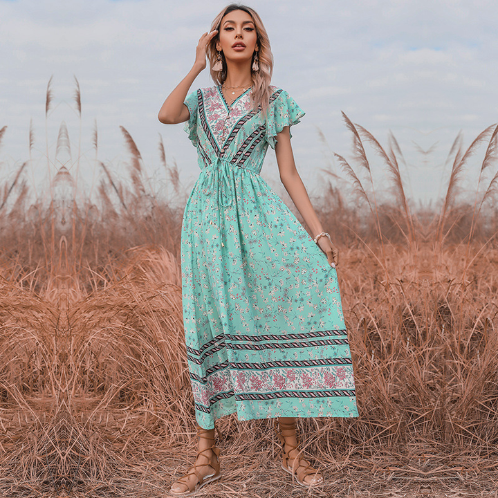 Women's V-Neck Floral Dress With Lace