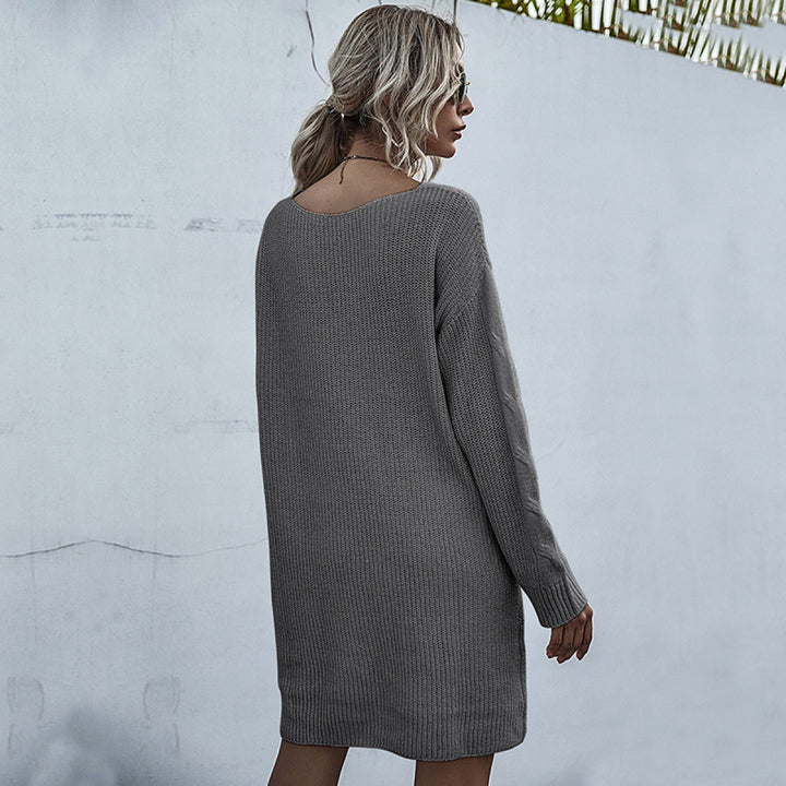 Solid V-Neck Long Sleeve Cable Knit Sweater Dress