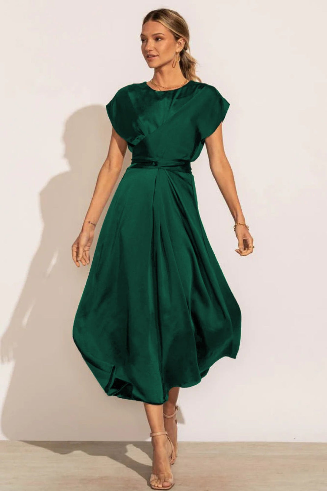 Solid Round Neck Tie Back Midi Dress