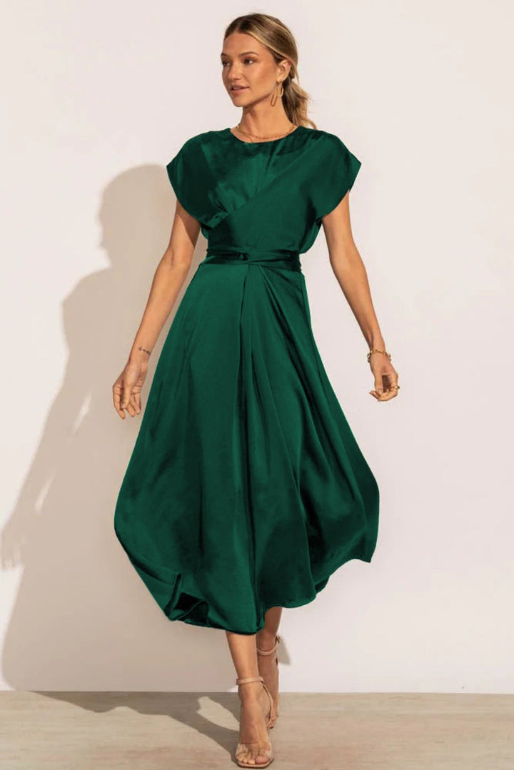 Solid Round Neck Tie Back Midi Dress
