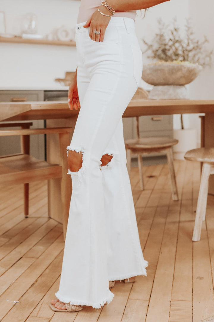 White Ripped Knee Frayed Flare Jeans