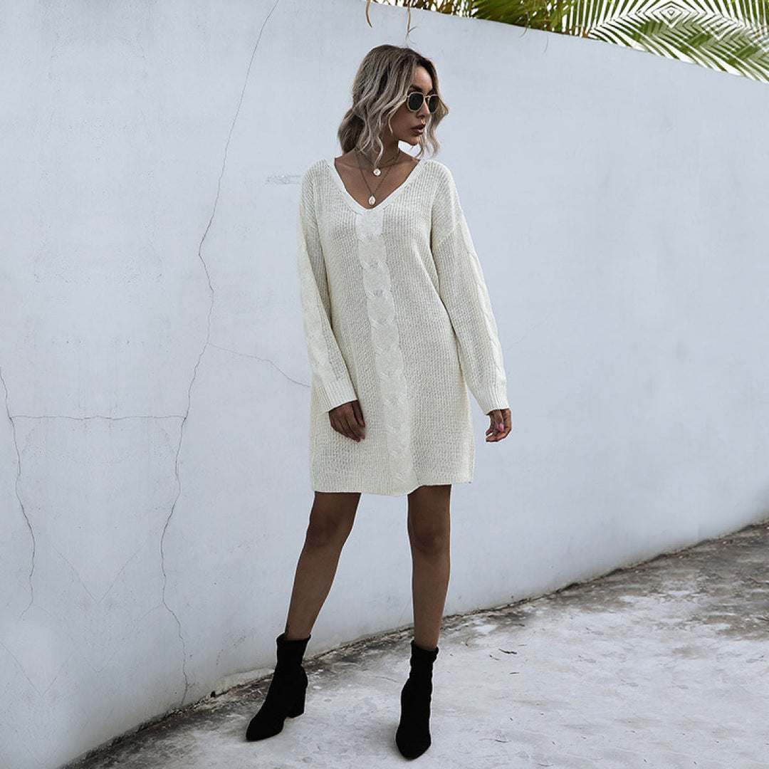Solid V-Neck Long Sleeve Cable Knit Sweater Dress