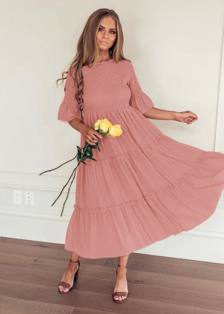 Round Neck Solid Color Smocked A-line Tiered-layered Dress