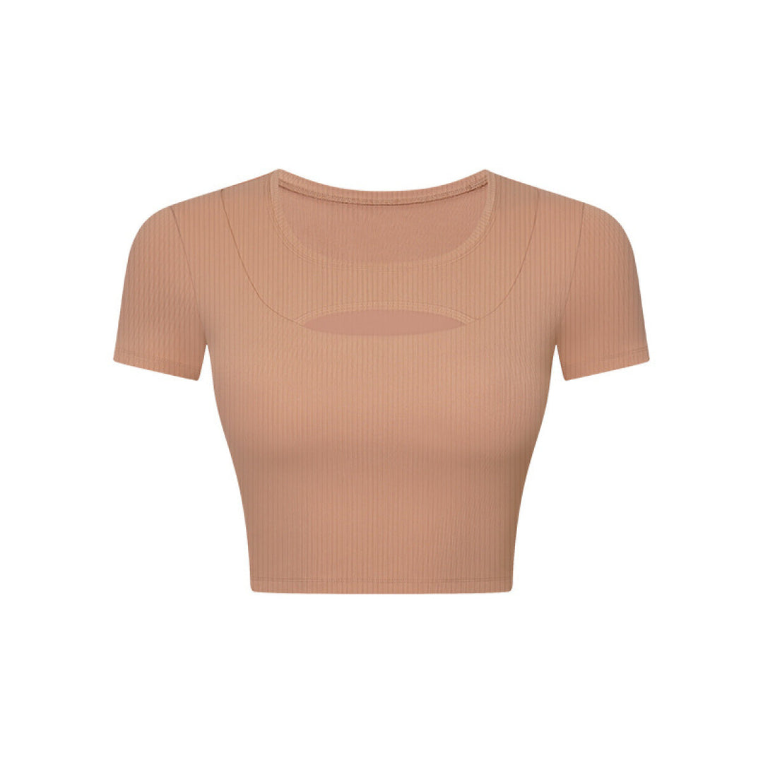 Solid Ribbed Round Neck Cut Out Crop Active Top