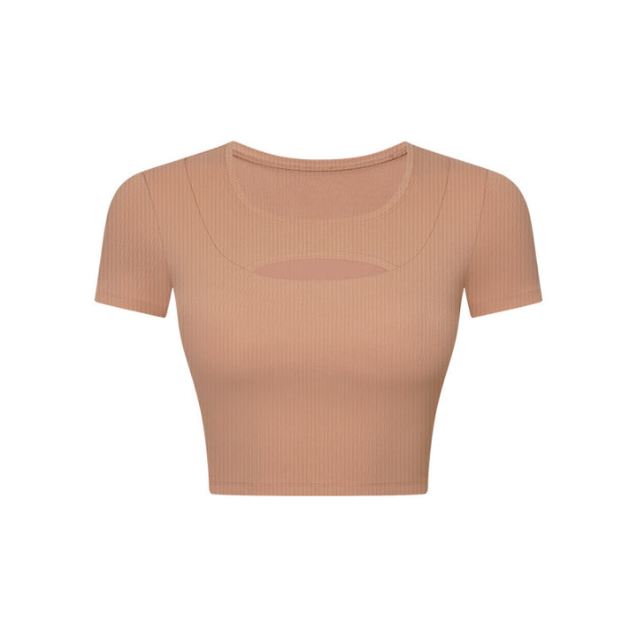 Solid Ribbed Round Neck Cut Out Crop Active Top