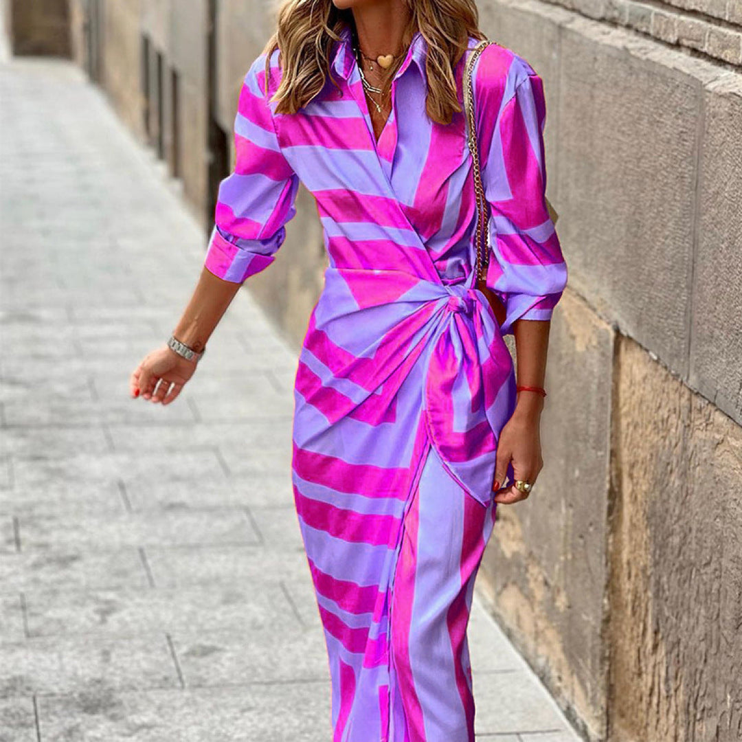 Striped Long Sleeve Surplice Tie Waist Dress