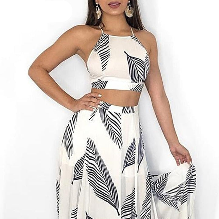 Leaf Print Backless Two Pieces Dress