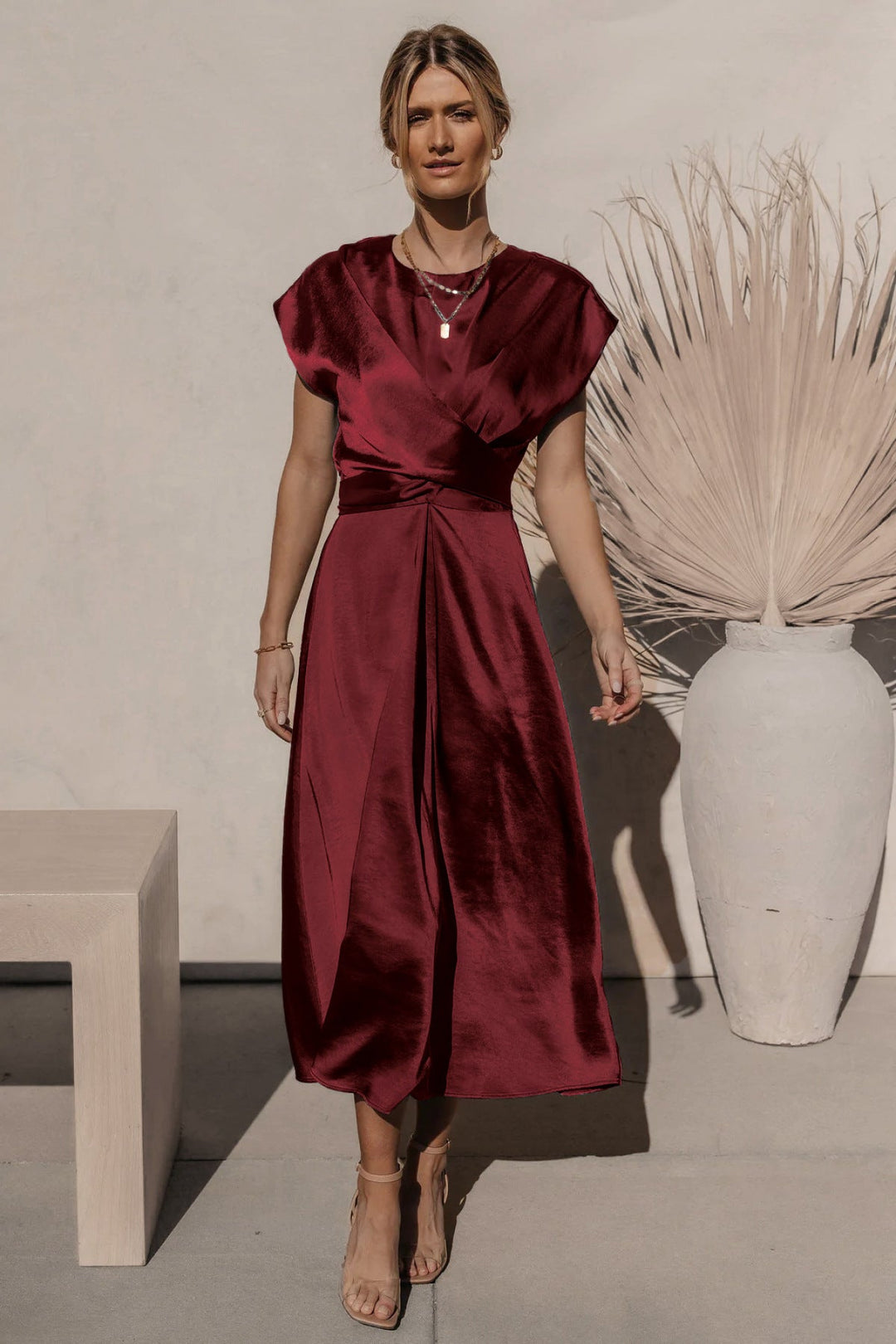 Solid Round Neck Tie Back Midi Dress
