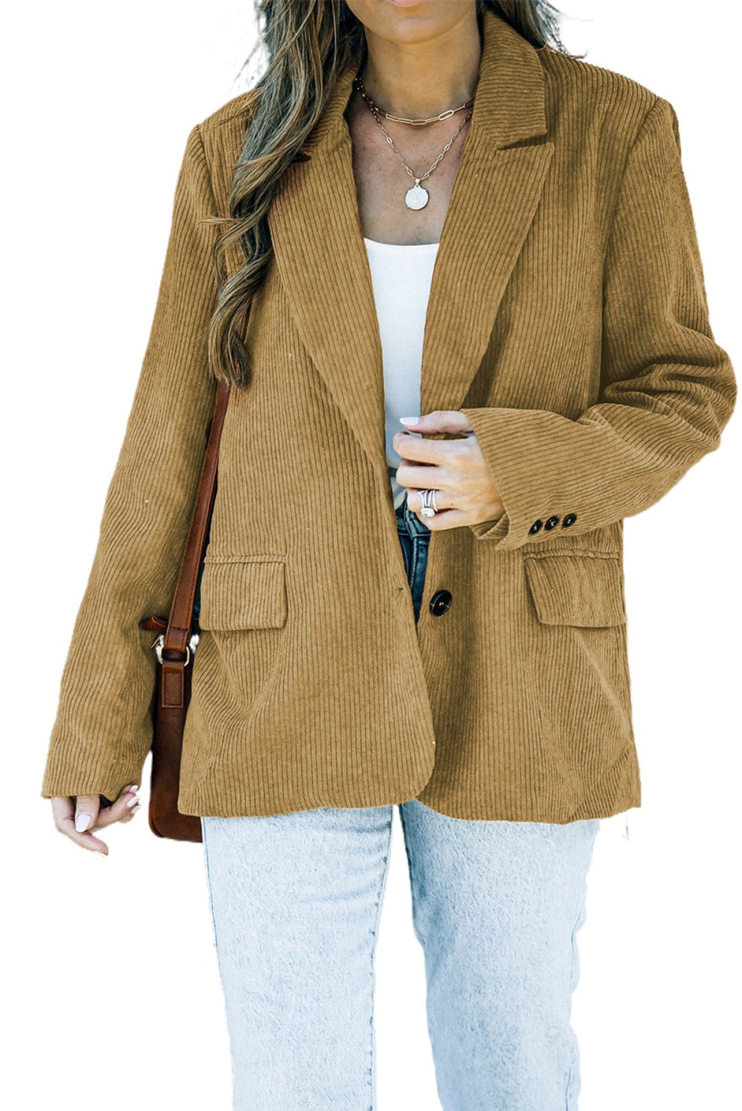 Brown Corduroy Lapel Casual Blazer