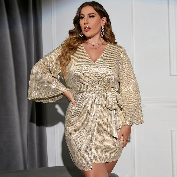 Long Sleeve Tie Waist Sequin Dress