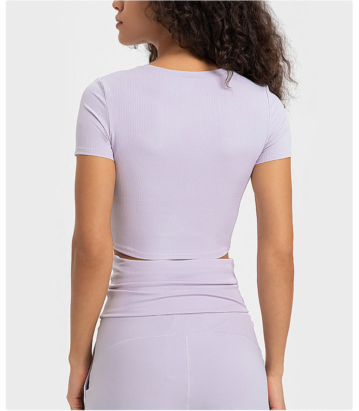 Solid Ribbed Round Neck Cut Out Crop Active Top