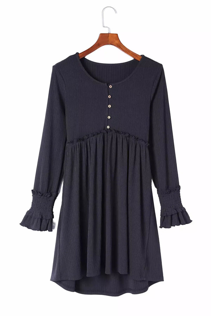 Gray Textured Button Long Sleeve Babydoll Dress