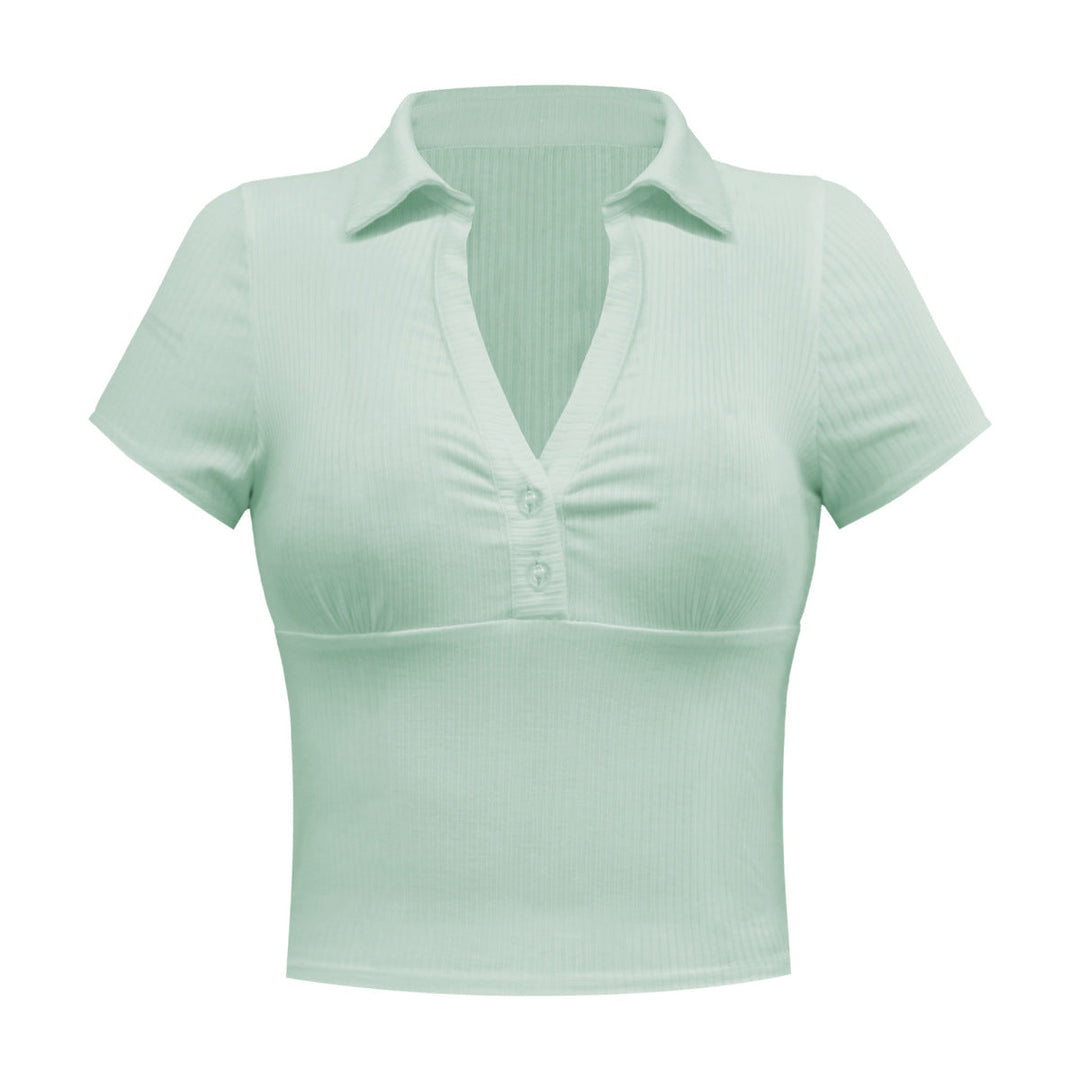 Solid Short Sleeve Buttoned V Neck Crop Top