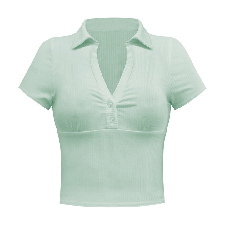 Solid Short Sleeve Buttoned V Neck Crop Top