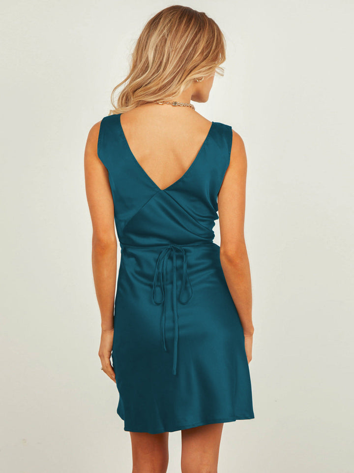 Solid Sleeveless Back Tie Waist Mini Dress