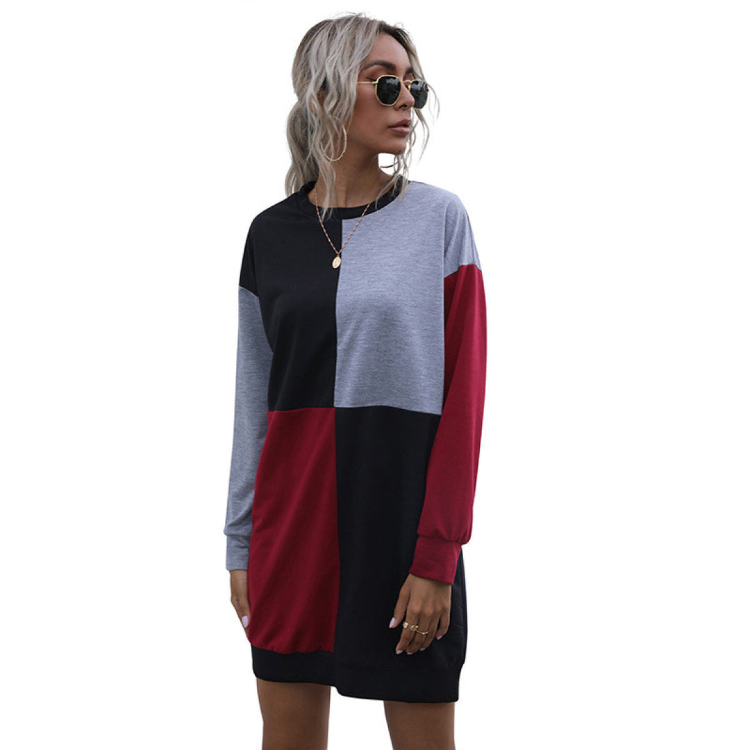 Round Neck Long Sleeve Colorblock Mini Dress