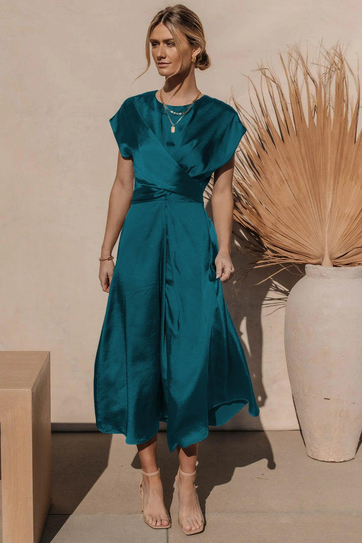 Solid Round Neck Tie Back Midi Dress