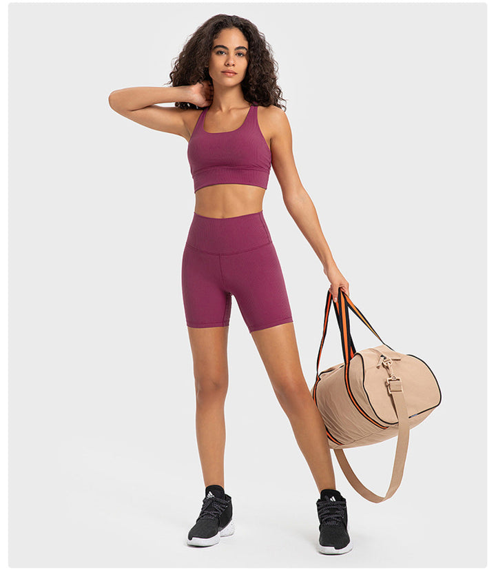 Solid Ribbed High Waist Bike Shorts With Side Pockets