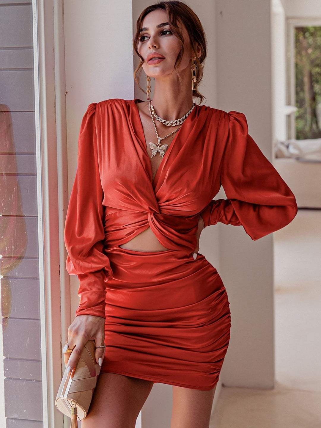 Twist Front Ruched Satin Dress