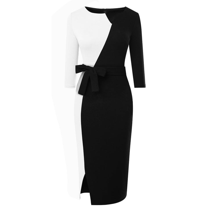 Notched Neck Three-Quarter Sleeve Tie Waist Colorblock Slit Midi Dress