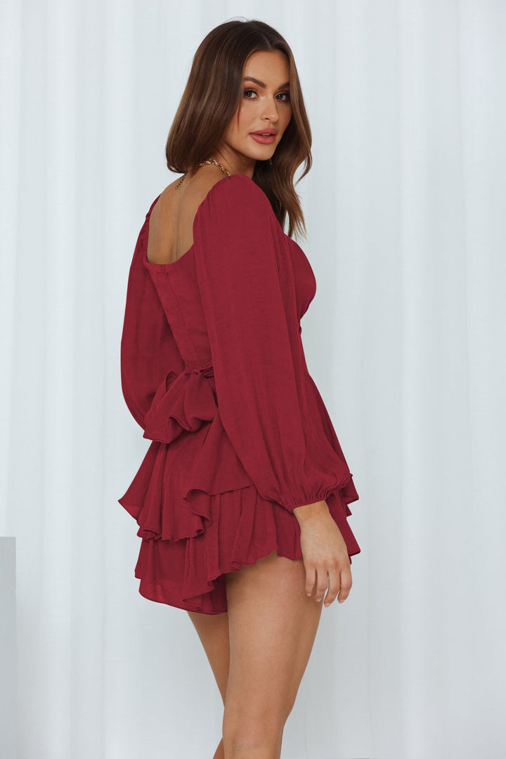 Balloon Sleeve Back Tie Tiered Romper