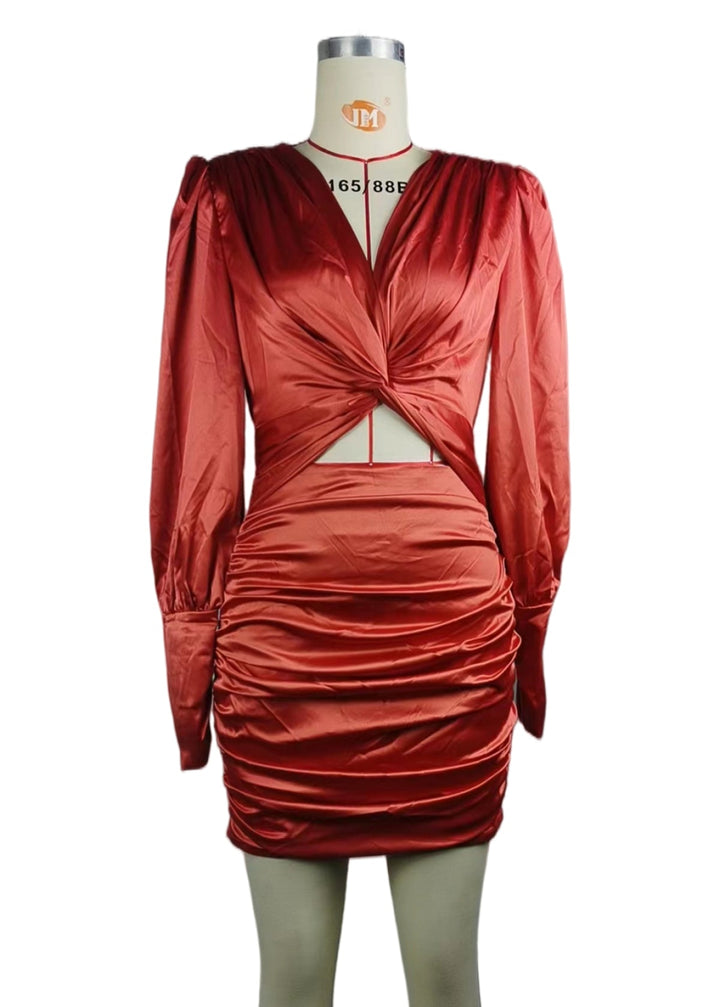Twist Front Ruched Satin Dress