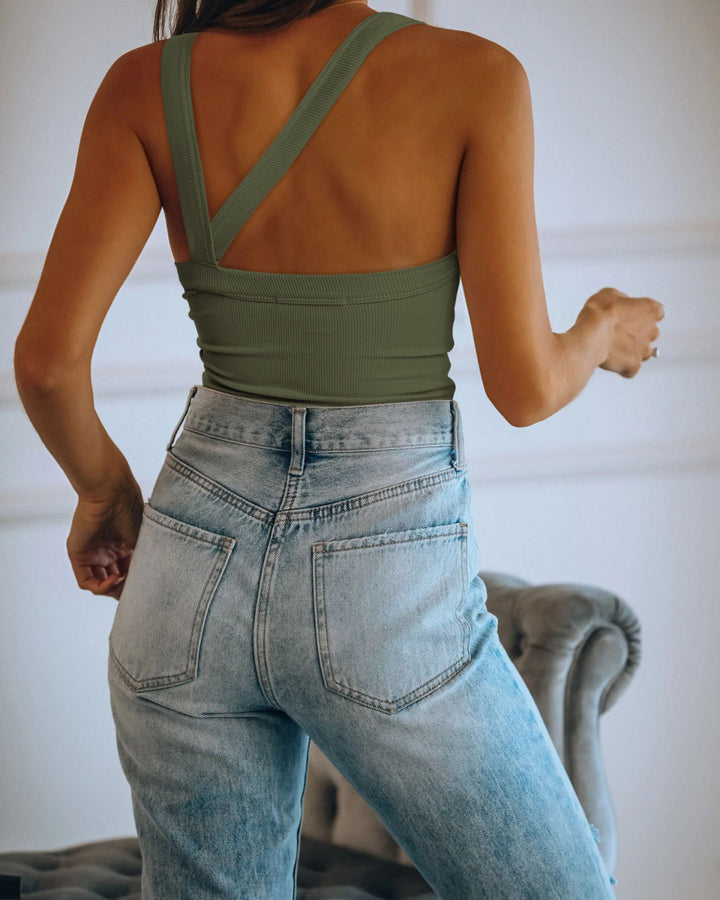 Ribbed Round Neck Sleeveless Backless Tank Top