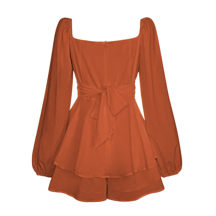 Balloon Sleeve Back Tie Tiered Romper