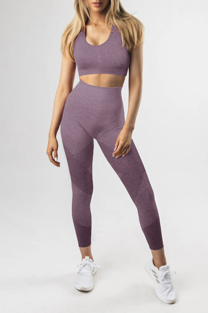 Purple Criss Cross Bra And High Waist Leggings - Sports Wear